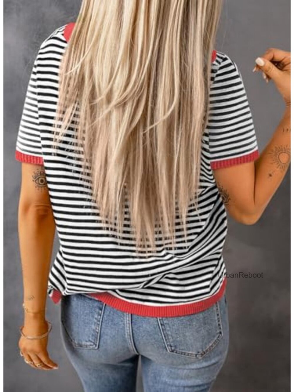 Womens Casual Striped High Low Pullover Sweater Short Sleeve Knit Top - Picture 2 of 6